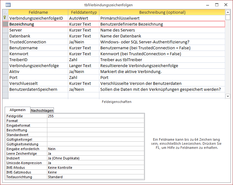 Entwurf der Tabelle tblVerbindungszeichenfolgen