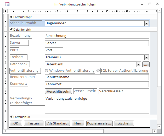 Das Formular frmVerbindungszeichenfolgen in der Entwurfsansicht