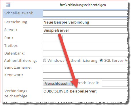 Die eingegebenen Daten erscheinen direkt in der Vorschau der Verbindungszeichenfolge.