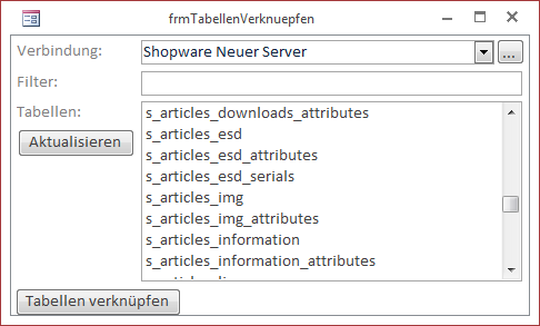 Anzeige der Tabellen der gewählten Verbindungszeichenfolge