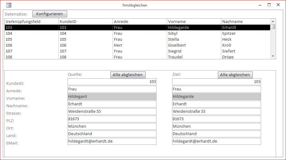 Formular zum Abgleichen der Unterschiede zwischen zwei Datensätzen aus verschiedenen Tabellen