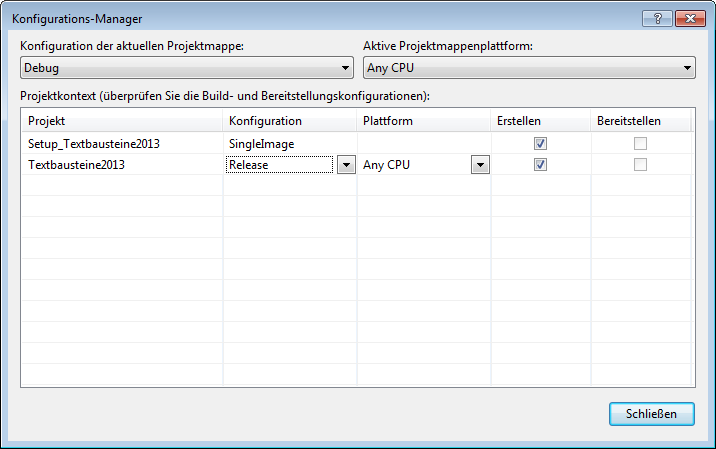Dialog zum Einstellen der Projektmappen-Konfiguration