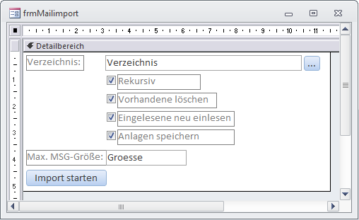 Das Formular frmMailImport in der Entwurfsansicht