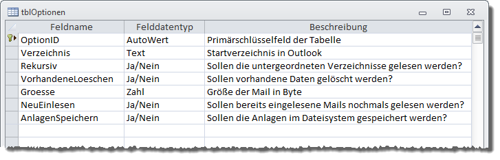 Die Tabelle tblOptionen in der Entwurfsansicht