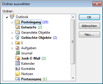 Dialog zum Auswählen des einzulesenden Mail-Ordners