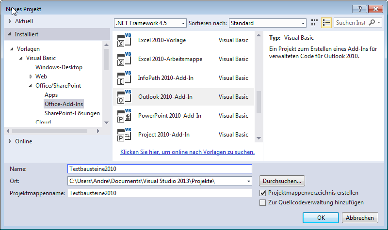 Neues Add-In für Outlook 2010 anlegen