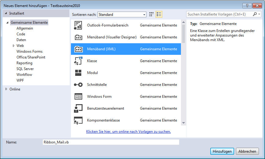 Auswahl des Elements Menüband (XML) namens Ribbon_Mail