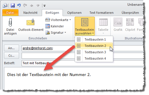 Einfügen eines Textbausteins per Ribbon-Befehl