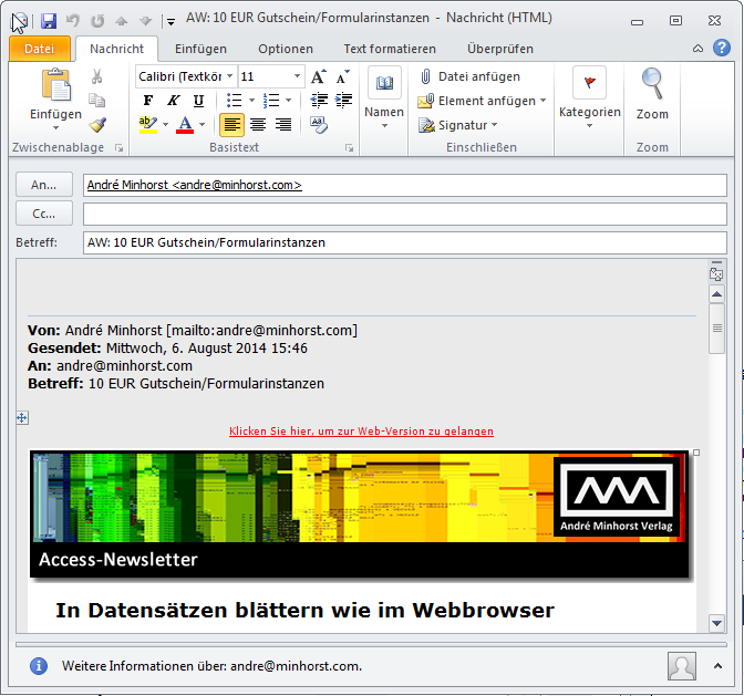 E-Mail im HTML-Format vor dem Einfügen eines Textbausteins ...