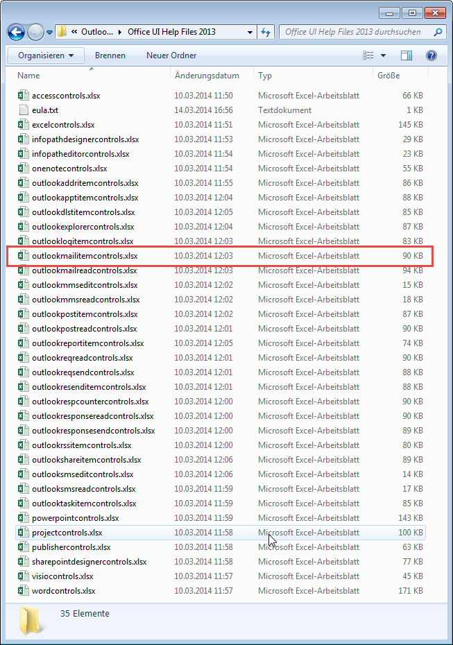 Liste aller Dateien mit Ribbon-Elementen für die verschiedenen Anwendungen und Outlook-Inspektoren