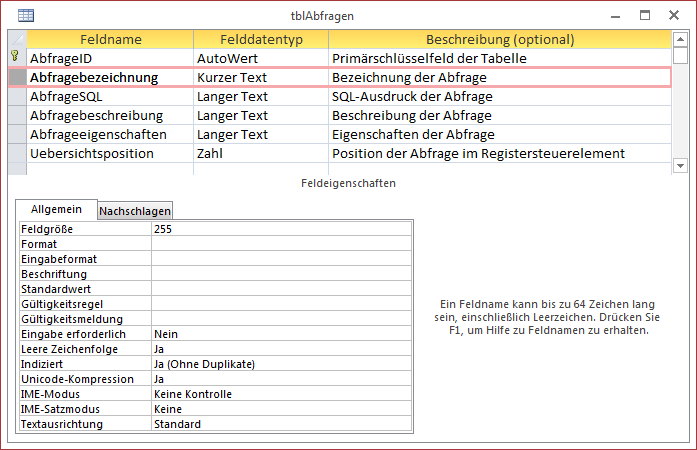 Entwurf der Tabelle zum Speichern der Abfragen