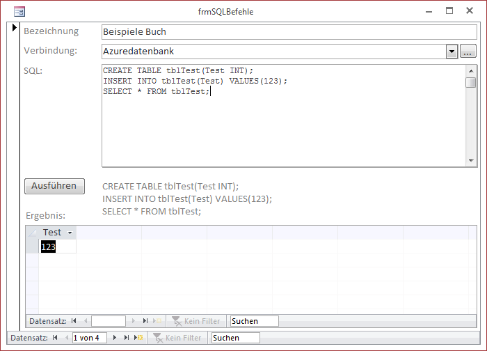 Formular zur direkten Eingabe von SQL-Anweisungen gegen ein SQL Server-Backend