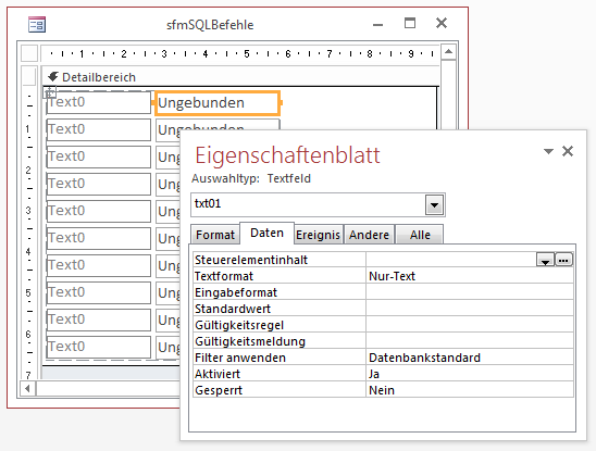 Entwurf des Unterformulars sfmSQLBefehle