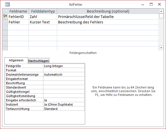 Entwurf der Tabelle tblFehler