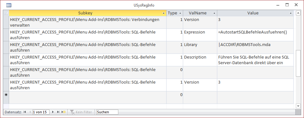 Erweiterung der Tabelle USysRegInfo