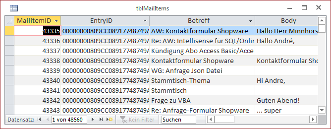 Die Tabelle tblMailItems mit einigen Datensätzen