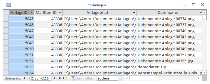 Tabelle zum Speichern der Pfade zu den Anlagen