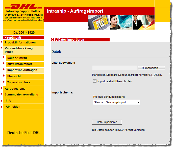 Seite zum Importieren der CSV-Datei