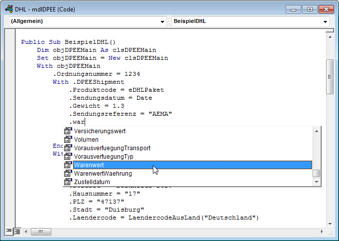 IntelliSense beim Programmieren der Erstellung der CSV-Datei