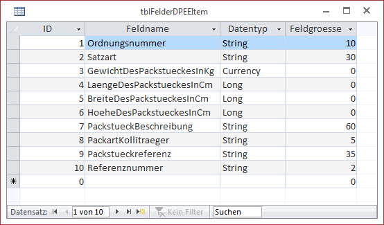 Felder in der Zieltabelle
