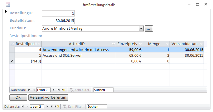 Das Formular frmBestellungsdetails in der Formularansicht