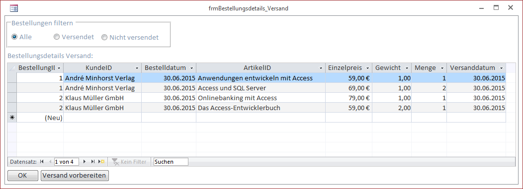 Das Formular frmBestellungsdetails_Versand in der Formularansicht