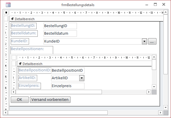 Das Formular frmBestellungsdetails in der Entwurfsansicht