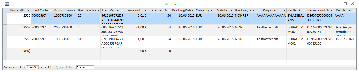 Beispiele für eingelesene Umsätze