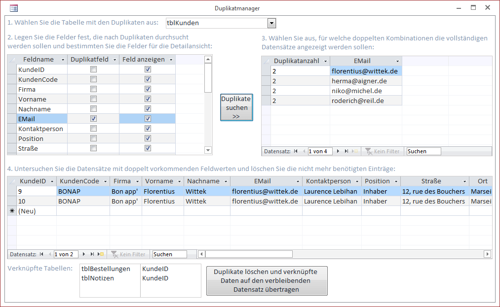 Das Formular zum Ermitteln und Abgleichen der Duplikate einer Tabelle