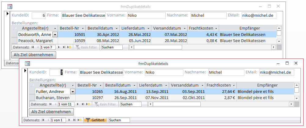 Vergleich zweier Datensätze für den gleichen Kunden