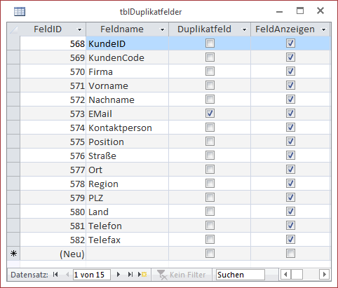 Tabelle zum Speichern der zu verwendenden Felder