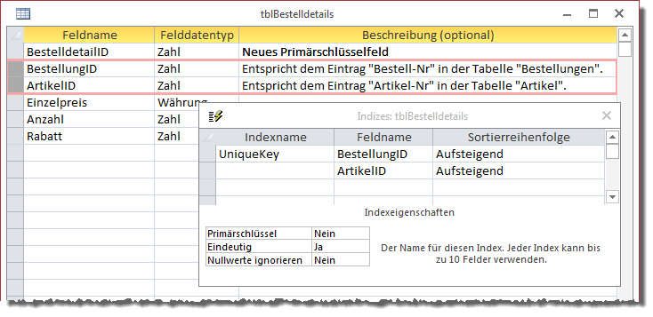 Ehemalige Primärschlüsselfelder als eindeutigen Index definieren