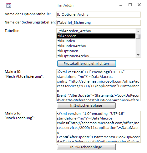 Add-In-Formular zum Anlegen von Sicherungstabellen und zum Generieren der benötigten Makros