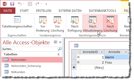 Ribbon-Befehl zum Anzeigen des Datenmakros, das durch das Tabellenereignis Nach Aktualisierung ausgelöst wird