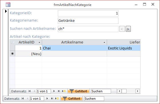 Formular mit Filter nach Artikelname, Variante I