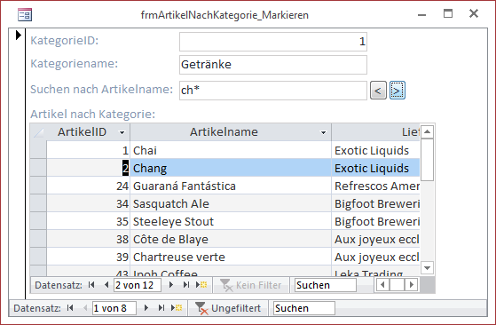 Formular mit Filter nach Artikelname, Variante II