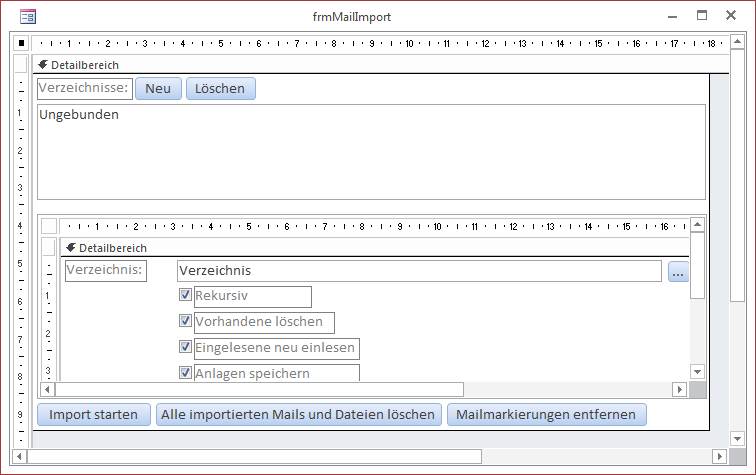 Das Formular frmMailImport in der Entwurfsansicht