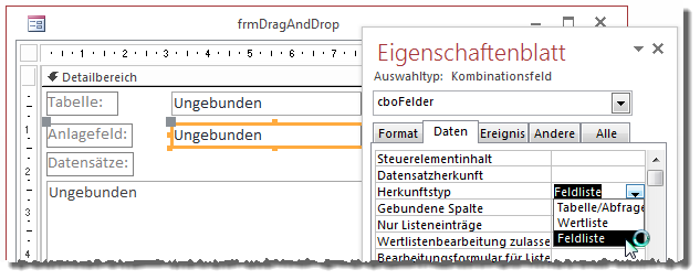 Einstellen der Herkunftsart für das Kombinationsfeld cboFelder