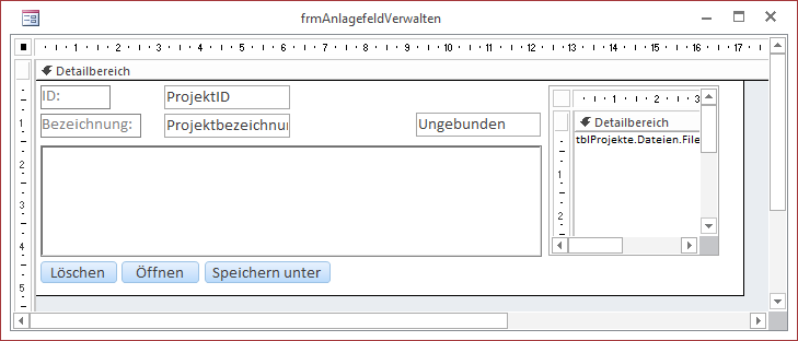 Das Formular frmAnlagefeldVerwalten in der Entwurfsansicht