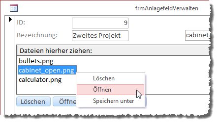 Kontextmenü mit den Anlagen-spezifischen Befehlen