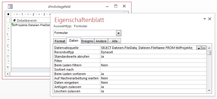 Das Unterformular sfmAnlagefeld in der Entwurfsansicht