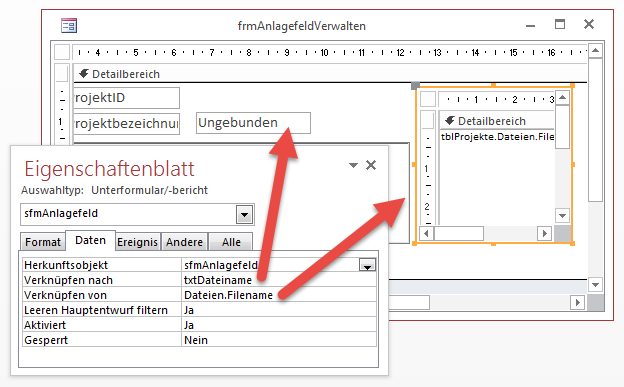 Einstellungen für das Unterformular-Steuerelement