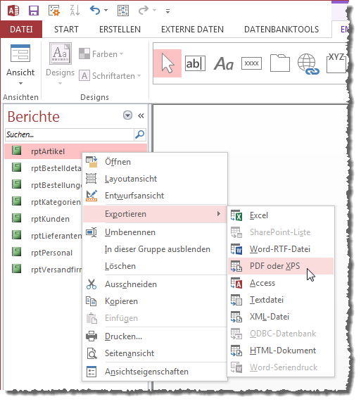 Export per Kontextmenü