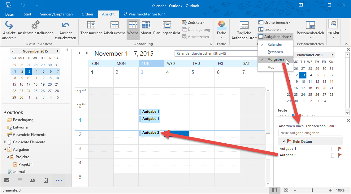 Einblenden der Aufgabenleiste und Hinzufügen von Aufgaben als Tätigkeiten zum Kalender