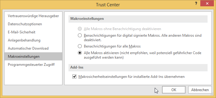 Einstellungen zum Ausführen von VBA-Code in Outlook