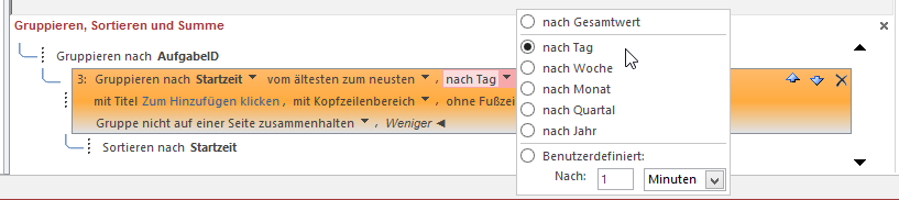 Gruppierung nach dem Tag der Startzeit