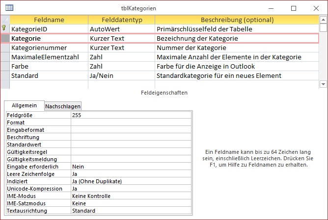 Tabelle zum Speichern der Kategorien