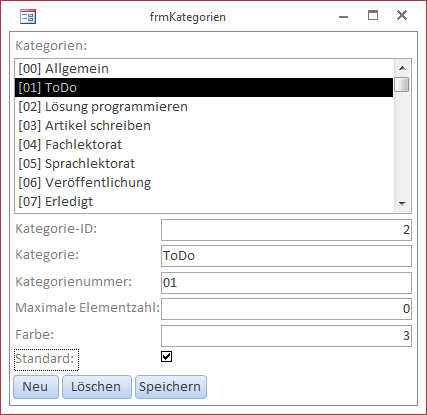 Verwalten der Kategorien per Formular