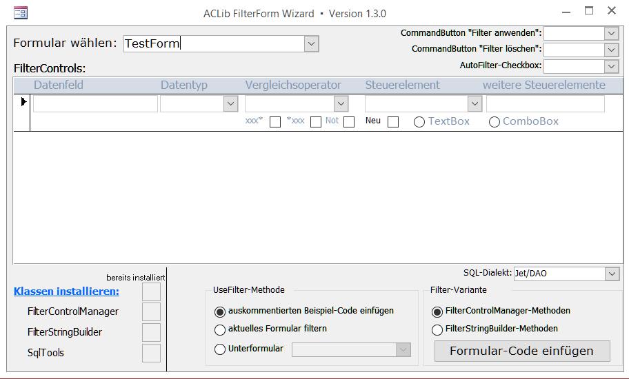 ACLib-FilterForm-Wizard - Ansicht nach Auswahl eines Formulars
