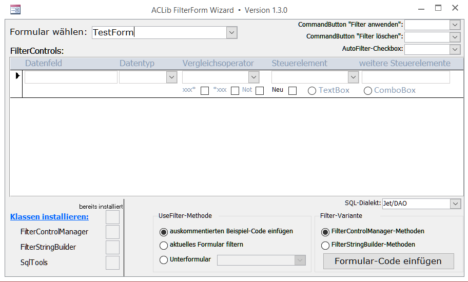 ACLib-FilterForm-Wizard – Ansicht nach Auswahl eines Formulars